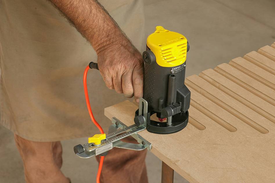 Close-up of a precision router bit cutting hardwood